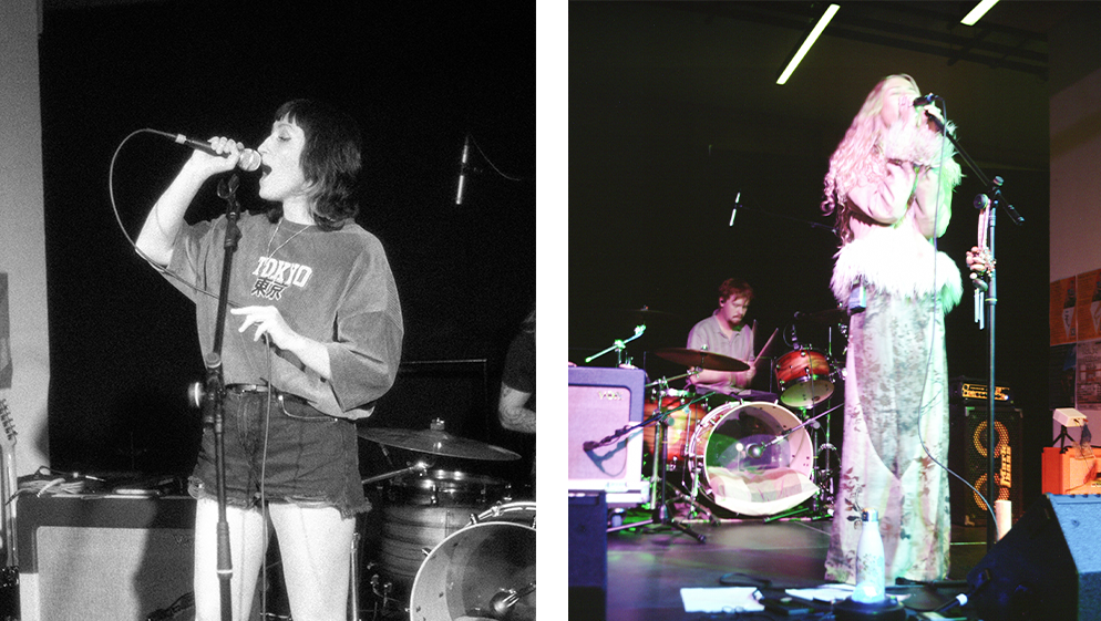 a collage of two people singing at a gig