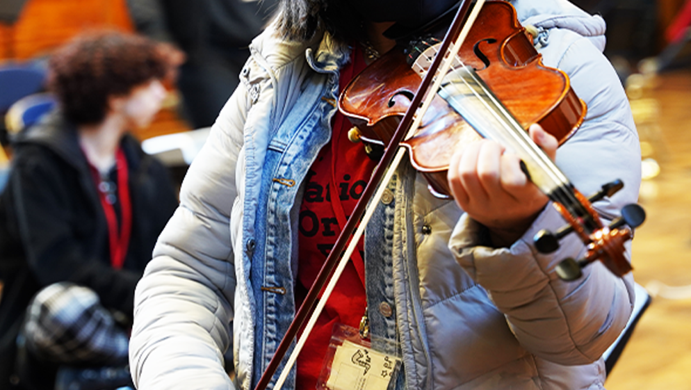 a person plays the violin, pictured from the neck down