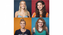 Composite photo of four young women on coloured backgrounds