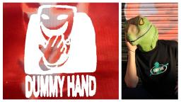 dummy hand logo on the left; person wearing dummy hand merch t-shirt and lizard mask on the right.