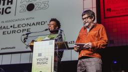 YolanDa Brown and Youth Music CEO Matt Griffiths give a speech