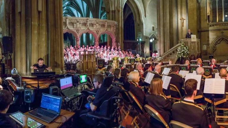 An orchestra playing in Bristol cathedral 