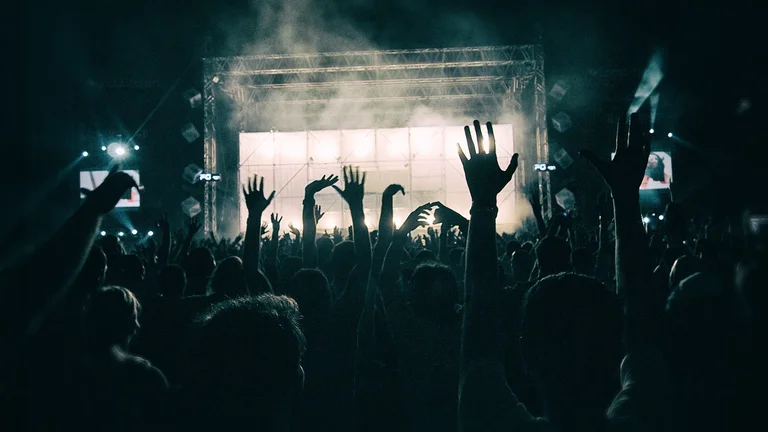 hands silhouetted in the air at a music concert