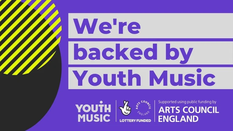 Social media asset with the text "We're backed by Youth Music" and the Youth Music and Arts Council England logos