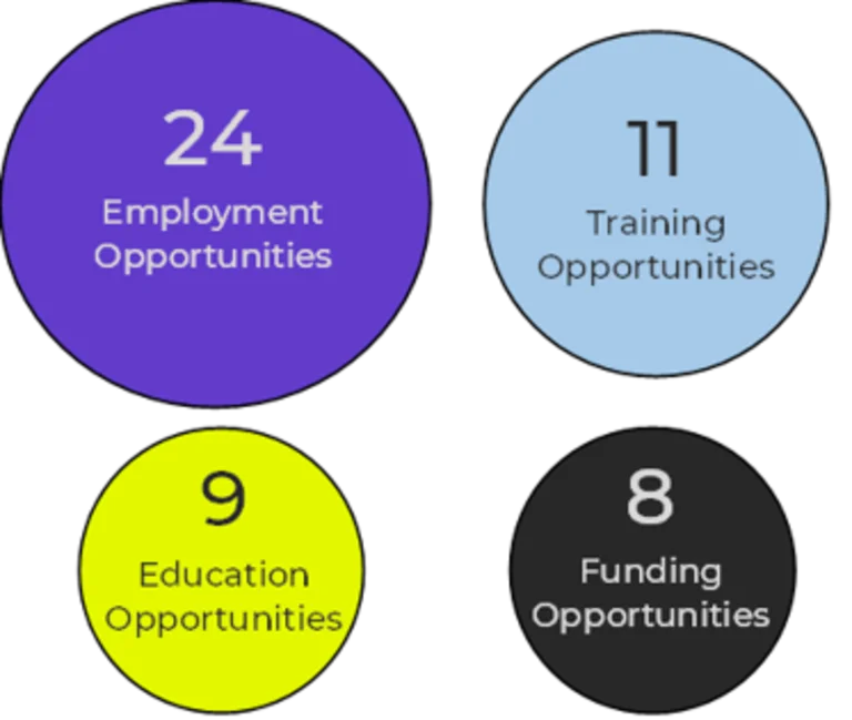 Coloured bubble, purple: 24 employment opportunies. Pale blue: 11 training opportunities. Yellow: 9 education opportunities. Black: 8 funding opportunities