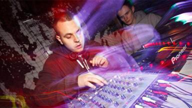 Two men DJing with motion effect on photo