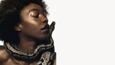 Close up person with afro hair with a snake wrapped around their face