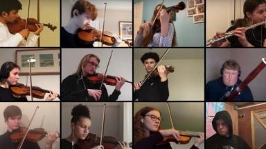 grid of 12 musicians playing classical instruments in a live stream