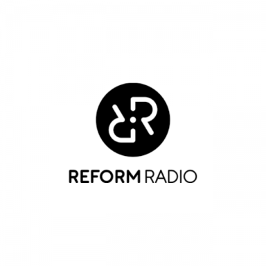 reform radio in black text, black circle with two R's cut out of it