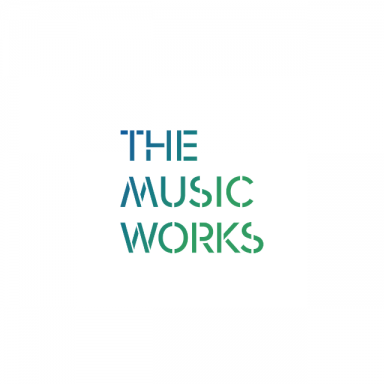 The Music Works written in blue-green text