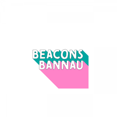 BEACONS BANNAU written in white font with green and pink colours behind the text