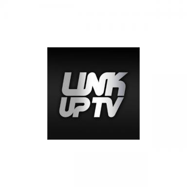 black box with link up tv written in white and silver text