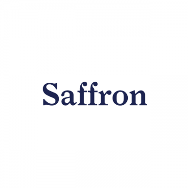 Saffron written in blue text