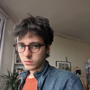 a man with dark brown fluffy hair wears glasses